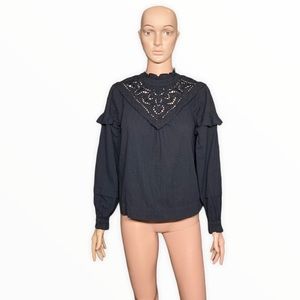 YAS Black Ruffle Perforated Embroidered Detail Cotton Puff Long Sleeves Blouse S